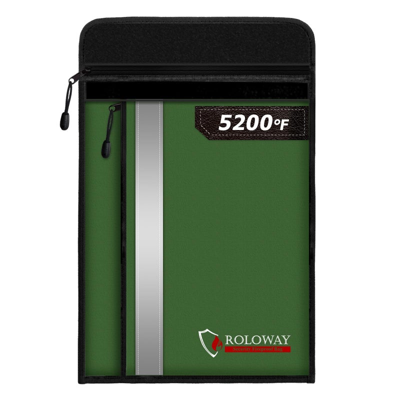 ROLOWAY Fireproof Document Bag (15.5 x 11.5 inch) with 2 Pockets and 5200? Aluminum Foil Layer  Fireproof Bag for Document Safe Fireproof Waterproof Document Bag  Fireproof Money Bag (Green) - Image 1